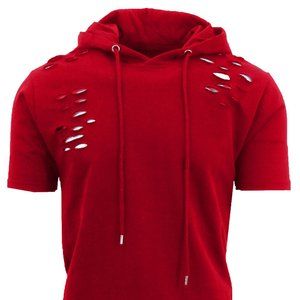 New Men's Short Sleeve French Terry Ripped Pullover Hoodie XL